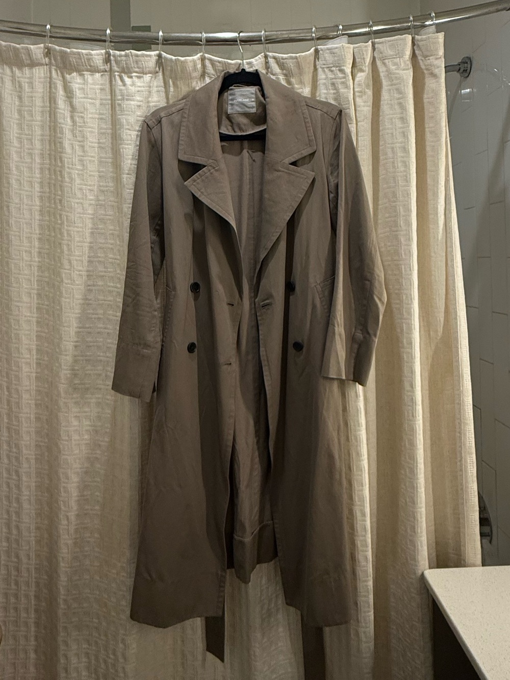 Everlane Double-Breasted Drapey Trench Coat in Taupe Brown